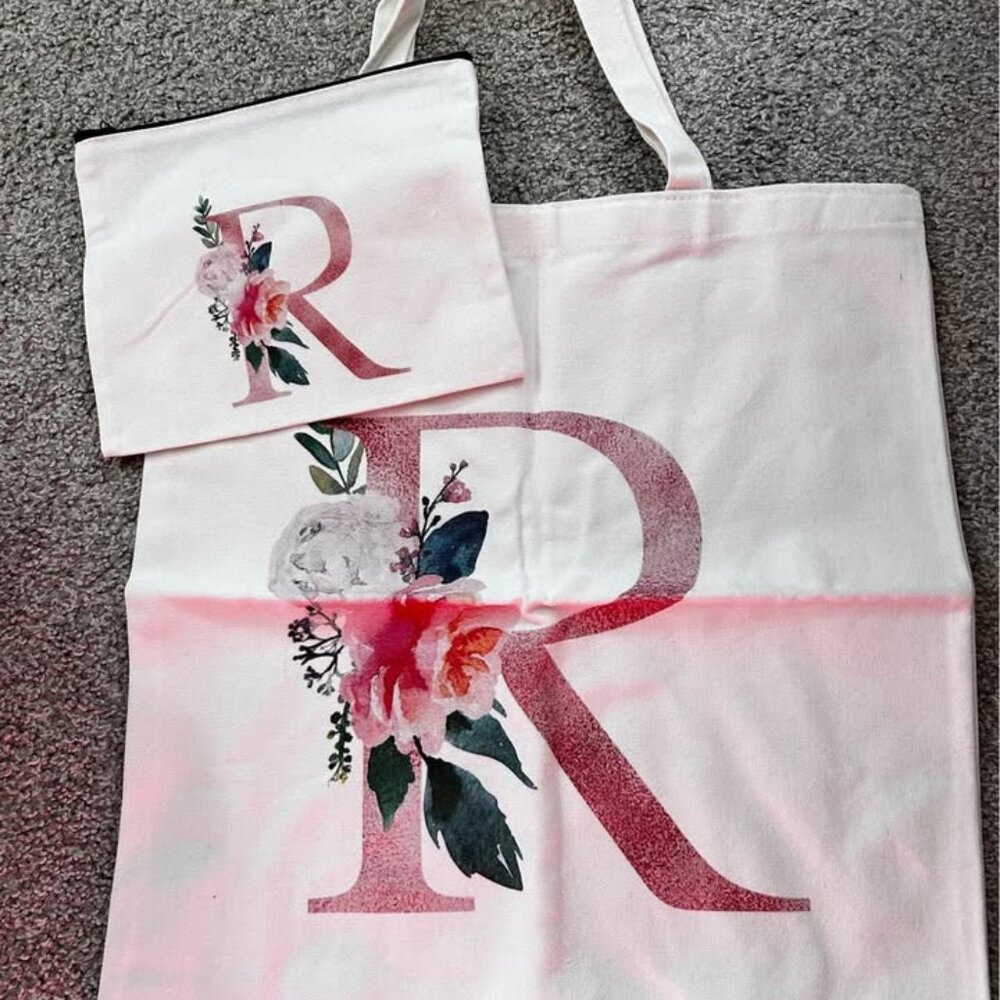 Letter R Canvas Tote Bags and Floral Letter Travel Cosmetic Bags
